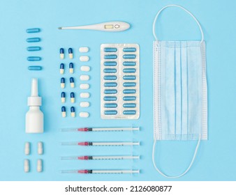 Medical Devices On A Blue Background. Medical Business Cover Concept. Backgound, Flat Lay, Top View