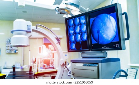Medical devices for ultrasound examination on a background of the screen. Modern operating theatre. Closeup - Shutterstock ID 2251063053