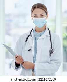 Medical Doctor In Covid Hospital Portrait, Health Safety Compliance And Healthcare Professional Woman With Face Mask. Expert Consultation, Clinical Medicine Work And Clipboard Examine Virus Results