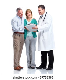 Medical Doctor And Elderly Couple Patient. Isolated On White Background. Health Care.