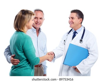 Medical Doctor And Elderly Couple Patient. Isolated On White Background. Health Care.