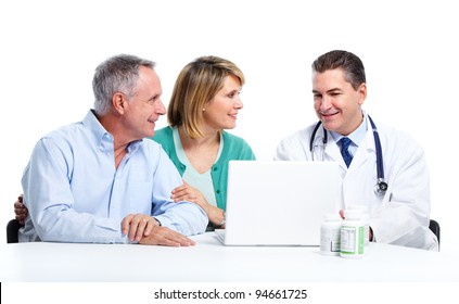 Medical Doctor And Elderly Couple Patient. Isolated On White Background. Health Care.