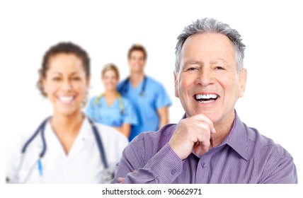 Medical Doctor And Elderly Man Patient. Isolated On White Background. Health Care.