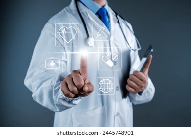 Medical doctor man pressing on digital healthcare visual screen technology. A virtual hologram of male medic professional healthcare touch screen in grey background. Modern medical technology concept. - Powered by Shutterstock