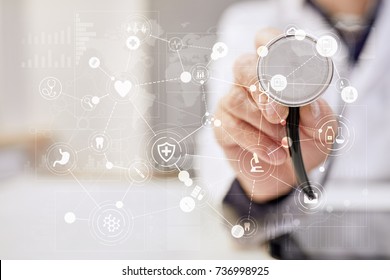 Medical Doctor Working with Modern Computer Virtual Screen Interface. Medicine Technology And Healthcare Concept.