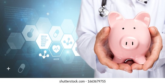 A medical doctor with the pink piggy bank