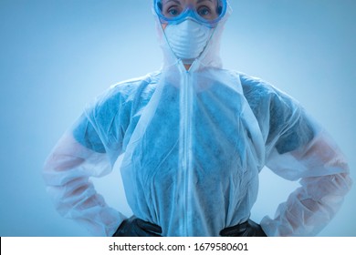 Medical Doctor, Scientist In Full Body Suit For Prevention From Viruses And Diseases.