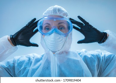 Medical Doctor, Scientist In Full Body Suit For Prevention From Viruses And Diseases.