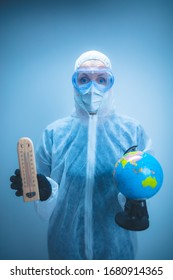 Medical Doctor And Scientist Holding Earth Globe For Presenting Virus Pandemic Outbreak On The Whole Planet. Global Warming And Temperature Rising Presentation.