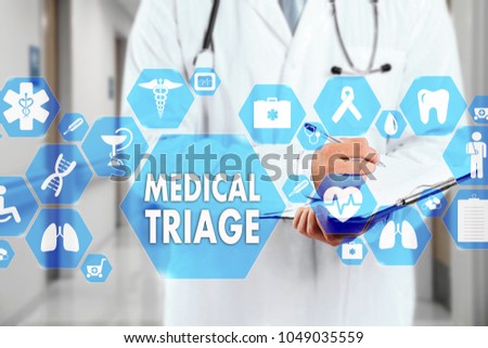 Medical Doctor with stethoscope and MEDICAL TRIAGE sign in Medical network connection on the virtual screen on hospital background.Technology and medicine concept.  Foto stock © 