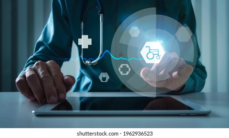 Medical Doctor Touching Wheelchair Icon With AI Technology, Virtual Interface Of Disability.