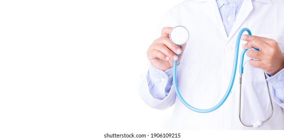 Medical doctor in uniform white coat holding blue stethoseope concept, Business healthcare hospital doctor white isolate background.