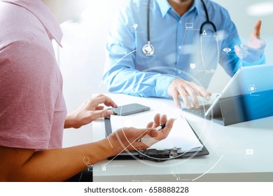 Medical Doctor Using Mobile Phone And Consulting Businessman Patient Having Exam As Hospital Professionalism Concept With VR Icon Diagram