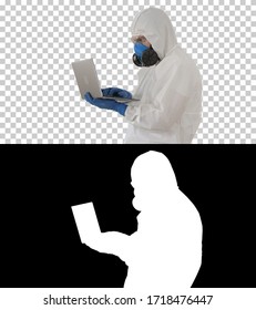 Medical Doctor In White Protective Uniform Using Laptop, Alpha Channel