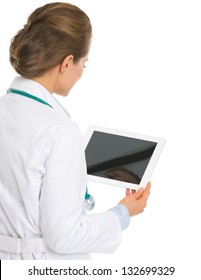 Medical Doctor Woman Using Tablet Pc . Rear View