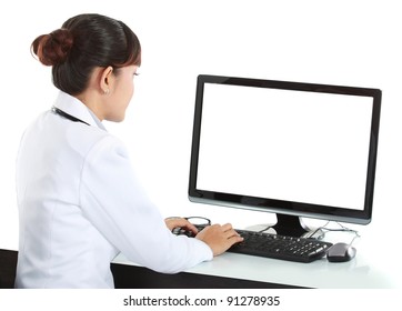 Medical Doctor Woman Working With Computer. Isolated Over White Background