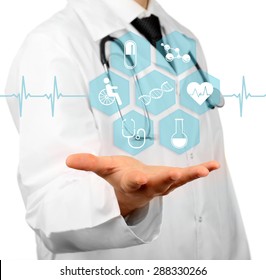 Medical Doctor Working With Healthcare Icons. Modern Medical Technologies Concept