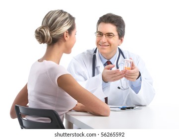 Medical Doctor And Young Woman Patient. Isolated Over White Background