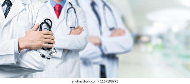 Medical Doctors And Surgeon Professional Team With Clinic Background For Healthcare, Nursing Care Teamwork, Hospital ER Surgical Service And Patient Trust Concept