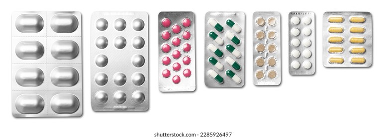 Medical drugs and pills in silver shiny package isolated on white background - Powered by Shutterstock