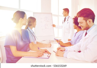 Medical Education, Health Care, Medical Education, People And Medicine Concept - Group Of Happy Doctors Or Interns With Mentor Meeting And Drawing On Flip Board On Presentation At Hospital