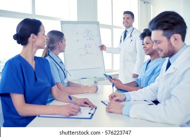 Medical Education, Health Care, Medical Education, People And Medicine Concept - Group Of Happy Doctors Or Interns With Mentor Meeting And Drawing On Flip Board On Presentation At Hospital