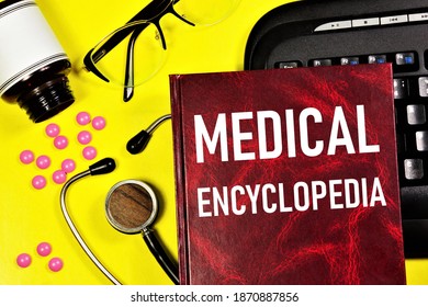 Medical Encyclopedia. Text Inscription On The Book Cover. Scientific Reference Publication For Doctors And Medical Professionals.