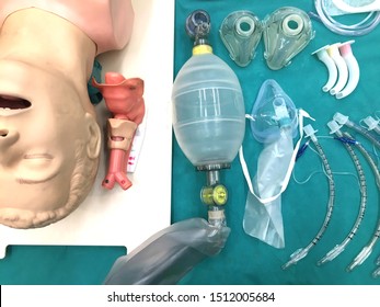 Medical equipment for airway management : model, nasopharyngeal airway, oral airway, mask with bag and endotracheal tube on table