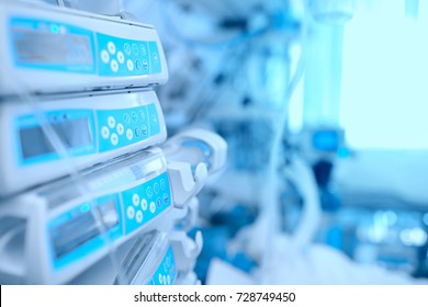 Medical equipment at the bedside in hospital.