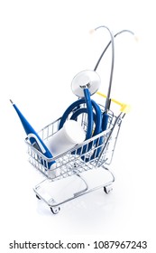 Medical Equipment Supplies In A Shopping Cart: Medical Accessories Shop And Home Healthcare Items Concept