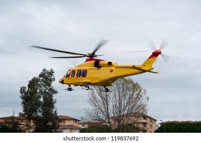 Medical Evacuation Helicopter Taking Off From Urban Zone.