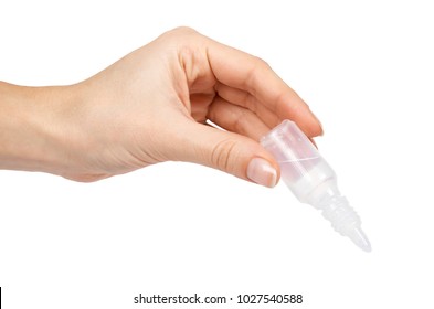 Medical Eye Dropper Bottle, Container With Liquid In Hand. Isolated On White Background. Medicine Solution.