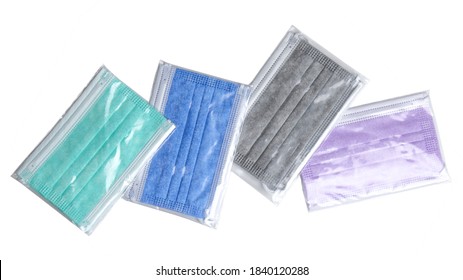 Medical Face Mask In Individual Clear Plastic Sleeve. Colored Medicine Mask For Kids. Protection Against Coronavirus COVID‑19 And Flu Or Influenza. 