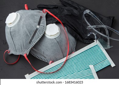 Medical Face Mask, Rubber Gloves And Safety Glasses For Protection From Virus