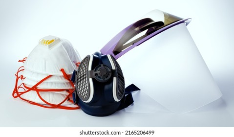 Medical Face Shield And Protective Masks On White Background