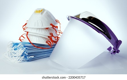 Medical Face Shield And Protective Masks On White Background