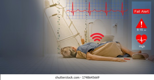 Medical Fall Accident Detection Is Alert That Elderly Woman Falling In Bathroom Because Slippery Surfaces