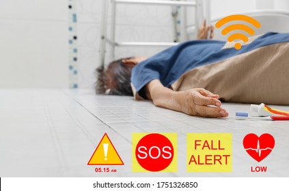 Medical Fall Accident Detection Is Alert That Elderly Woman Falling In Bathroom Because Slippery Surfaces