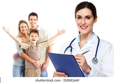 Medical family doctor and patients. Isolated white background.