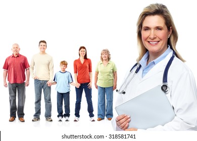 Medical Family Doctor And Patients. Isolated White Background.