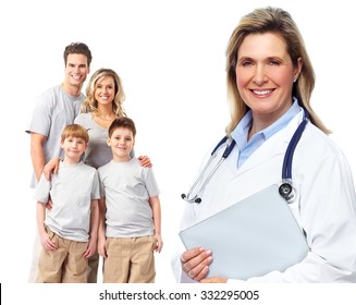 Ärztlicher Hausarzt und Patienten. Einziger weißer Hintergrund.