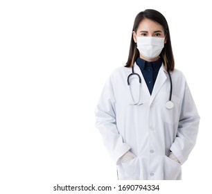 Medical Female People Wearing Hygiene Protective Mask On Face. Young Asian Doctor Female. Professional Looking Girl Doctor In Lab Coat Dress With A Stethoscope, Isolated On White Background.