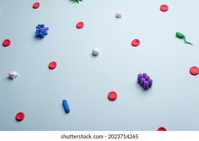 medical flatlay top view elements of blood, bacteria and viruses on a blue background. Blood infection, sepsis.