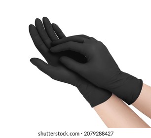 Medical gloves. Two black surgical gloves isolated on white background with hands. Rubber glove manufacturing, human hand is wearing a latex glove. Doctor or nurse putting on protective gloves. - Shutterstock ID 2079288427