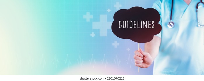 Medical Guidelines. Doctor Holding Sign. Text Is In Speech Bubble. Blue Background With Icons