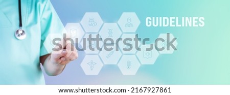 Medical Guidelines. Male doctor pointing finger at digital hologram made of icons. Text with medical term. Concept for digitalization in medicine