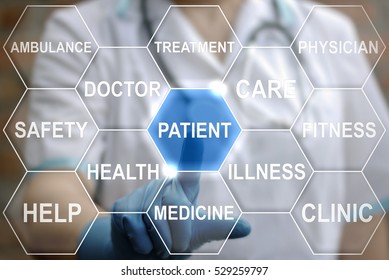 Medical health care patient word cloud concept. Doctor presses icon word patient on virtual screen on background of medicine network hexagon tag.