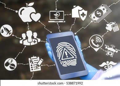 Medical Health Care Security Safety Identification Attention Scanning Web Computer Concept. Medicine Fingerprint Exclamation Mark Scan Internet Warning Healthcare Technology