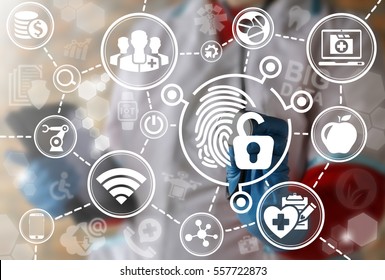 Medical Health Care Security Safety Identification Scanning Web Computer Concept. Medicine Fingerprint Lock Open Unlock Scan Biometric Access Internet Healthcare Technology