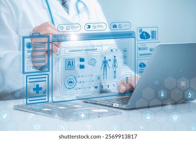 Medical Health Cloud data Concept. A doctor analyzing with a tablet and laptop, accessing medical cloud data via holographic interfaces displaying patient information, AI insights and body scans.